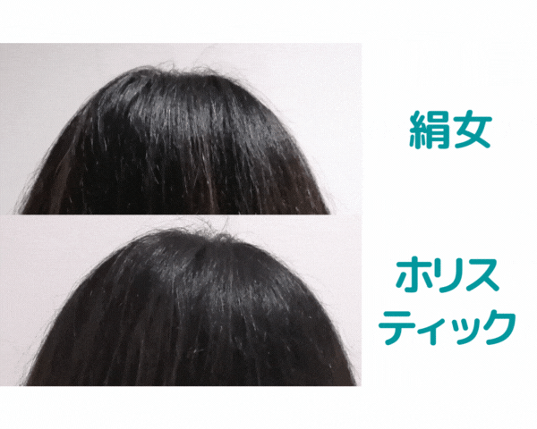 絹女とホリスティックキュアでドライした髪の頭頂部を比較